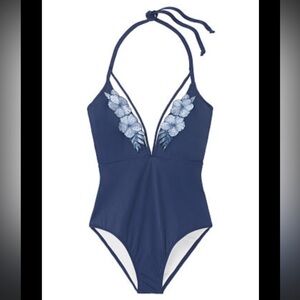 Victoria's Secret Pink Navy Strappy Floral Halter One Piece Swimsuit M